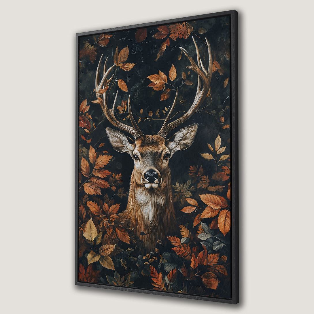 Framed Wall Art: Romantic portrait of two women with floral crowns, rich red and dark green color palette. Perfect for adding a touch of elegance.
