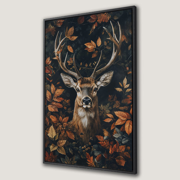 Framed Wall Art: Romantic portrait of two women with floral crowns, rich red and dark green color palette. Perfect for adding a touch of elegance.
