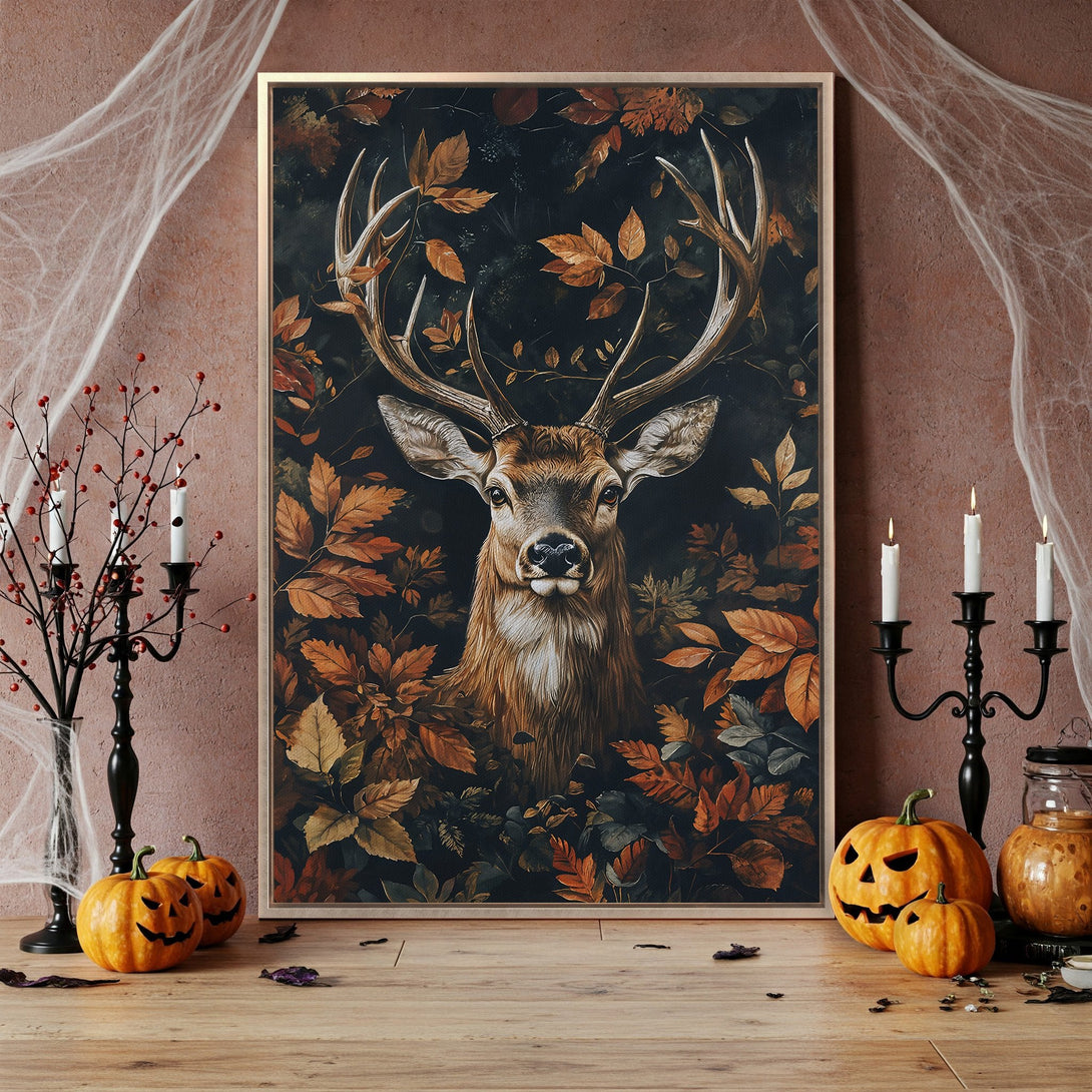Framed Wall Art featuring a surreal portrait of two faces with red floral accents, in a dark, moody color palette, perfect for Halloween decor.