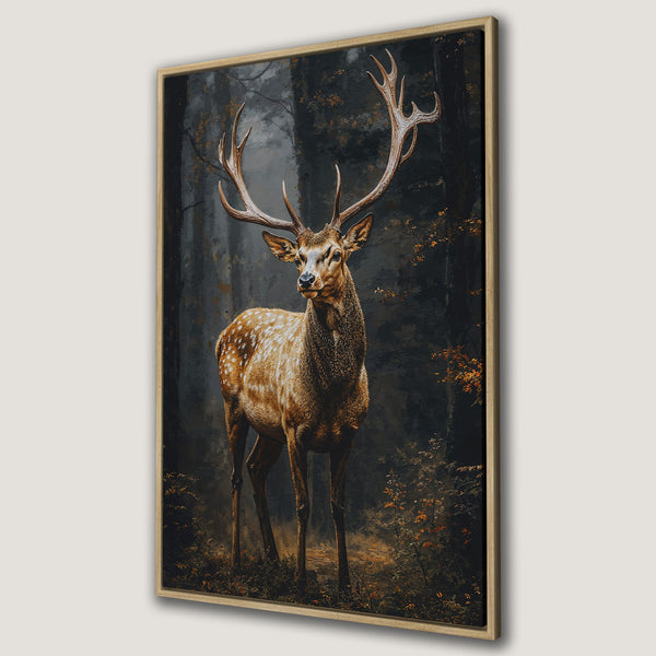 Framed Wall Art: Majestic stag in a forest scene. Rustic style with a warm, earthy color palette. Perfect for adding a touch of nature to your home.