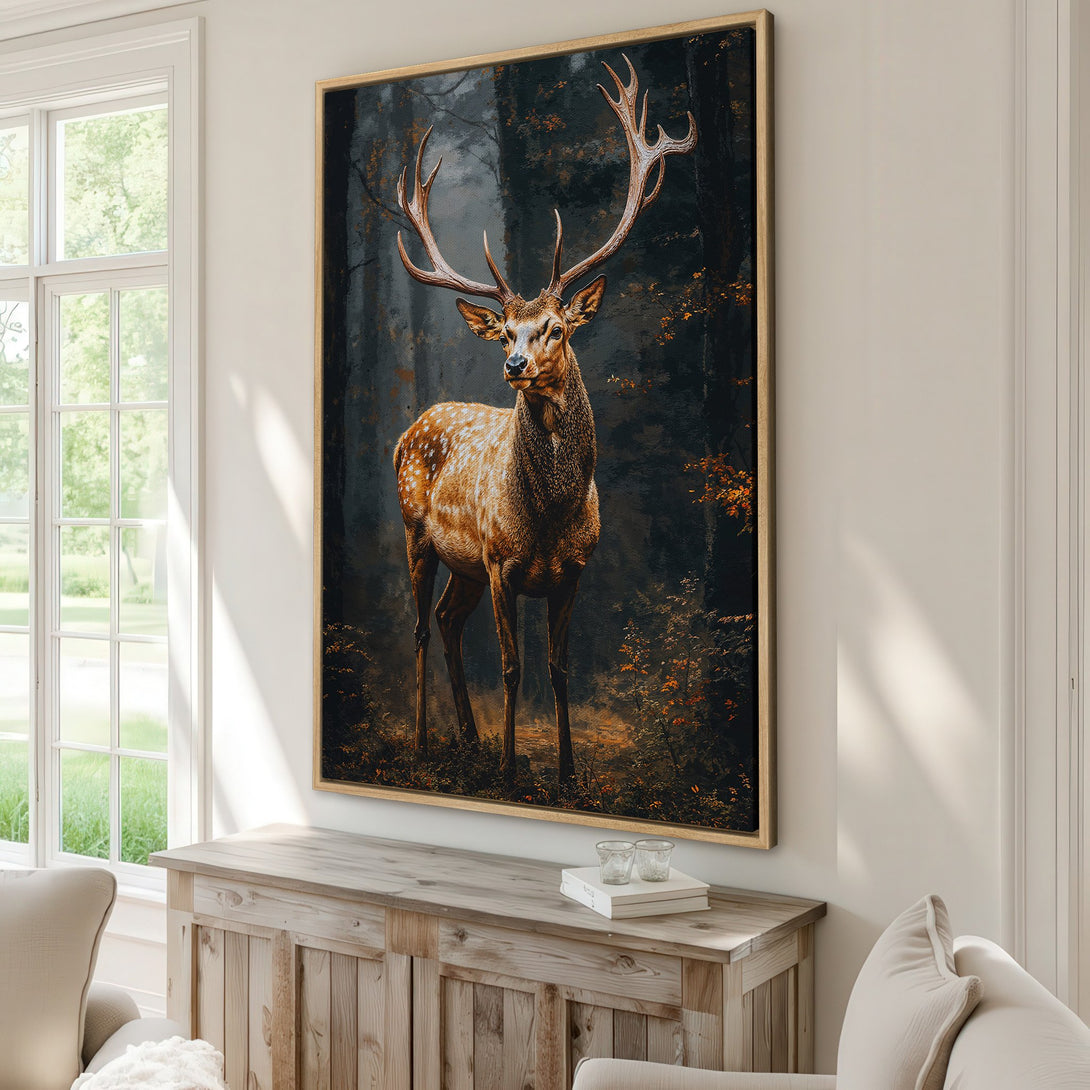Framed Wall Art: Majestic stag in a dark forest setting. Warm, earthy tones of brown and gold create a stunning, rustic aesthetic. Perfect for any home decor!
