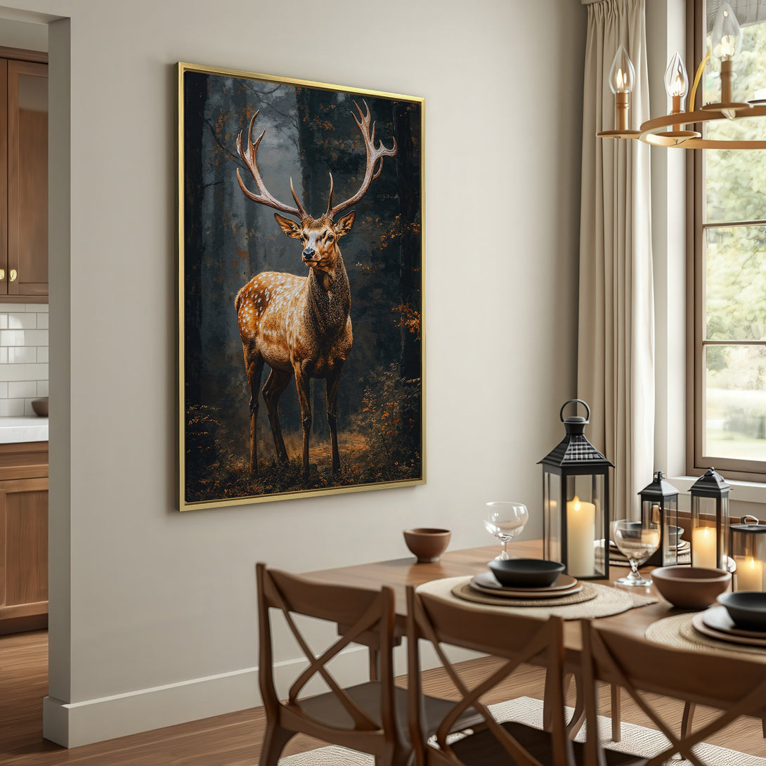 Canvas Print featuring a majestic deer in a forest, showcasing a moody, rustic style with warm, earthy tones. Perfect for home decor.