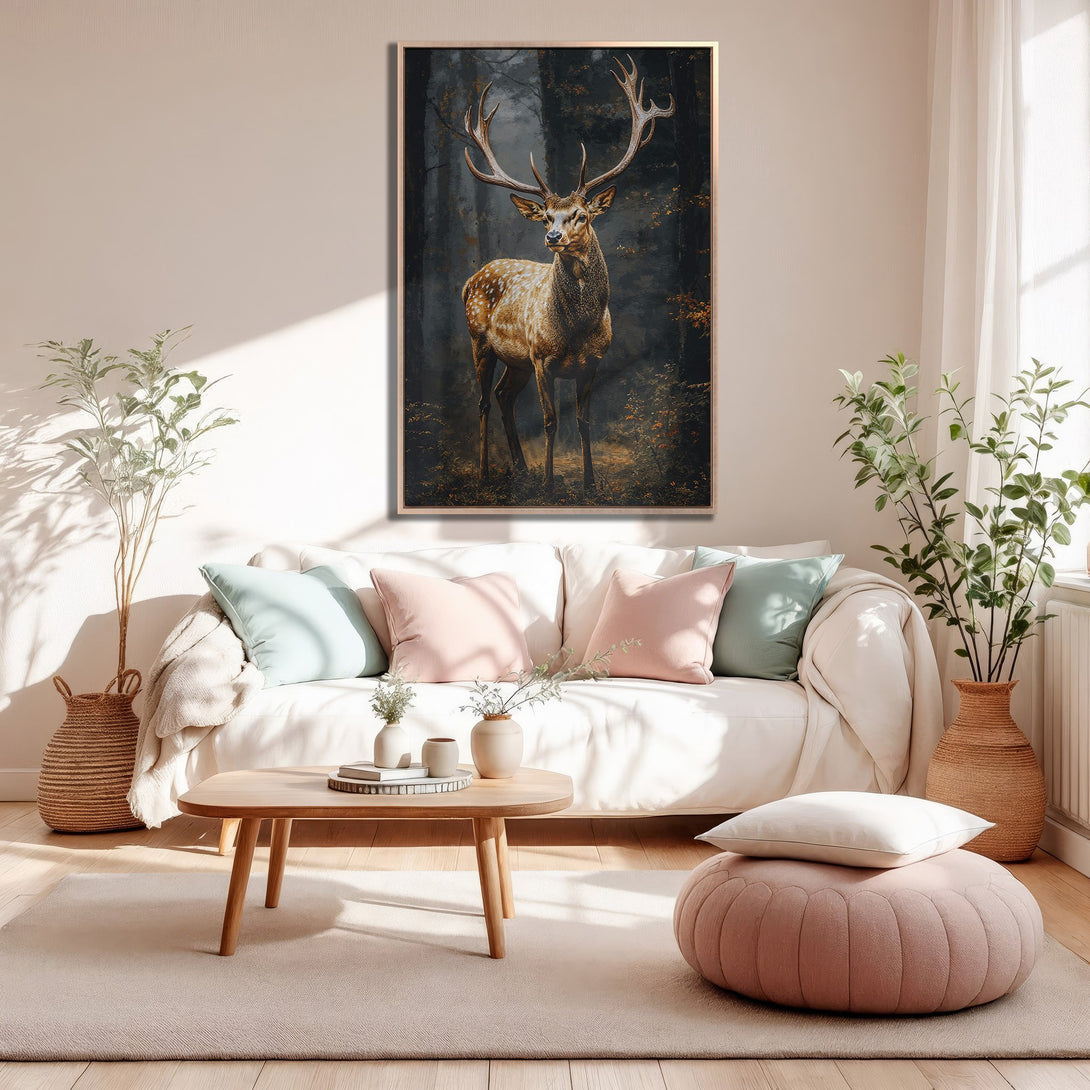 Framed Wall Art featuring a majestic stag in a forest. Earthy tones and warm color palette create a cozy, inviting atmosphere. Perfect for living rooms!