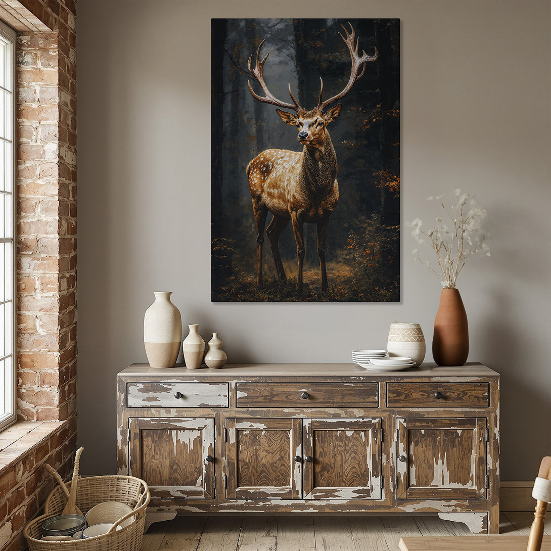 Framed Wall Art featuring a majestic deer in a forest, with a dark, moody color palette. Rustic decor for a warm and inviting dining room.