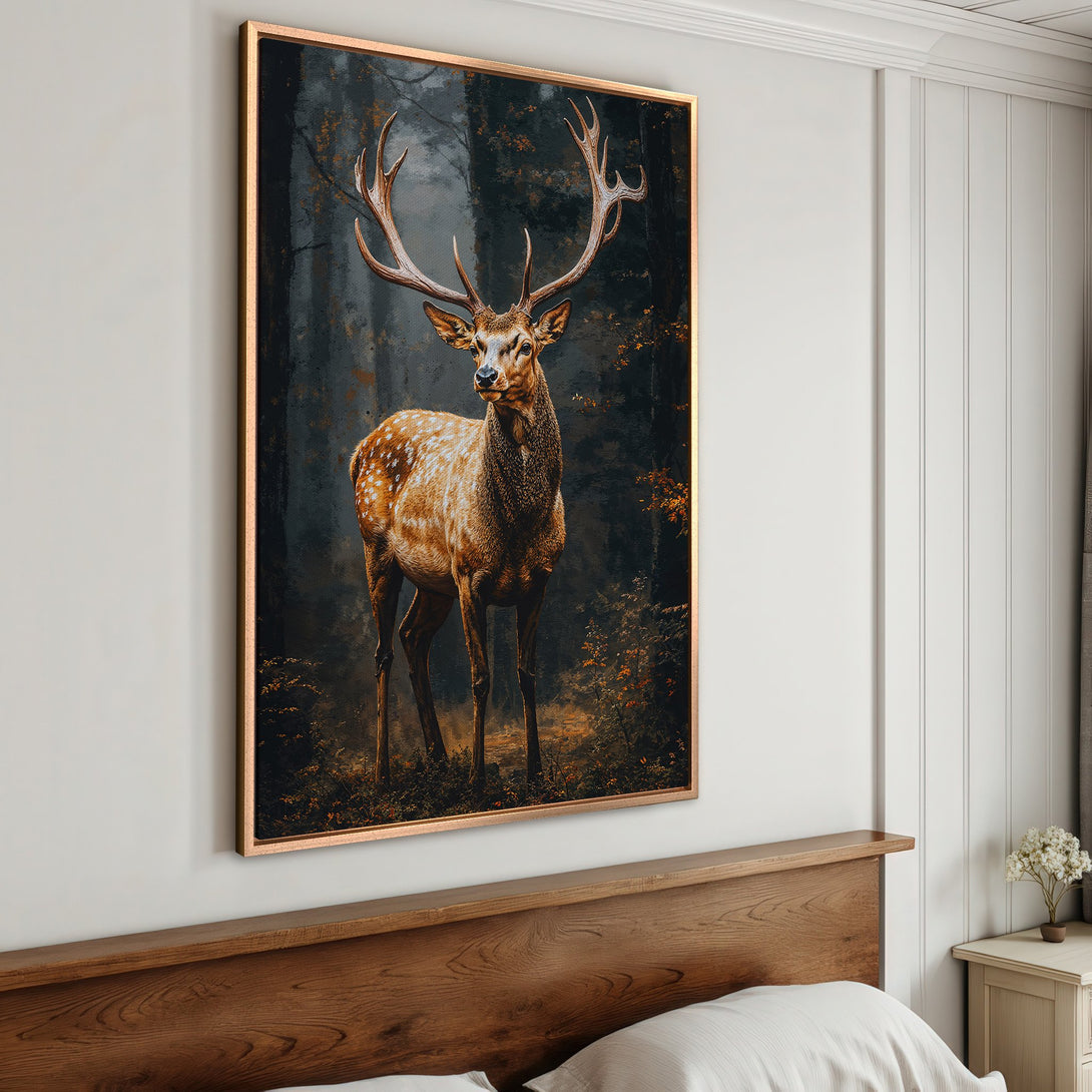 Framed Wall Art of a majestic stag in a forest. Earthy tones of brown and gold create a warm, rustic aesthetic, perfect for any home.
