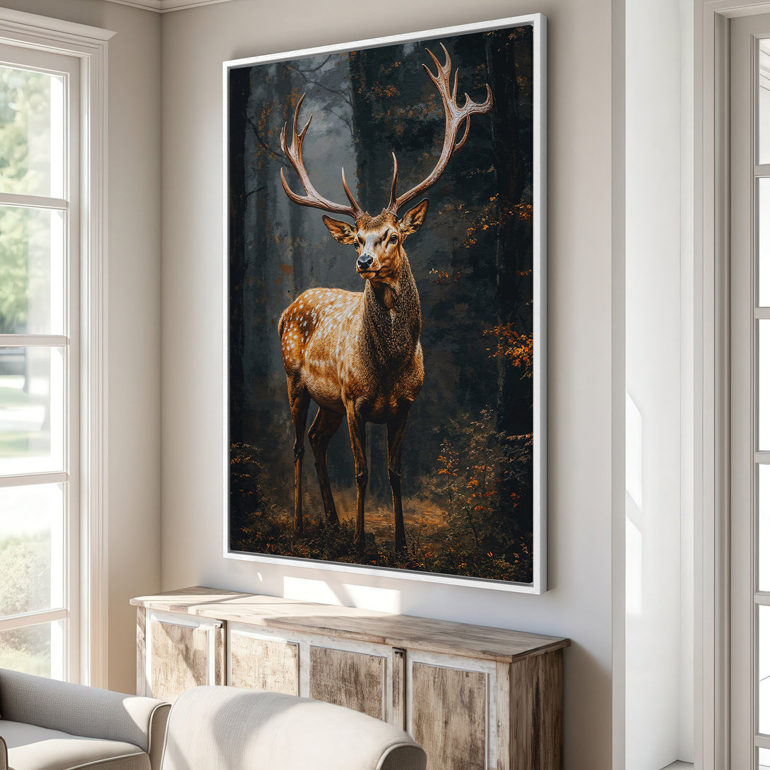 Framed Wall Art featuring a majestic deer in a forest, showcasing a dark, moody style with warm brown and gold tones. Perfect for rustic decor.