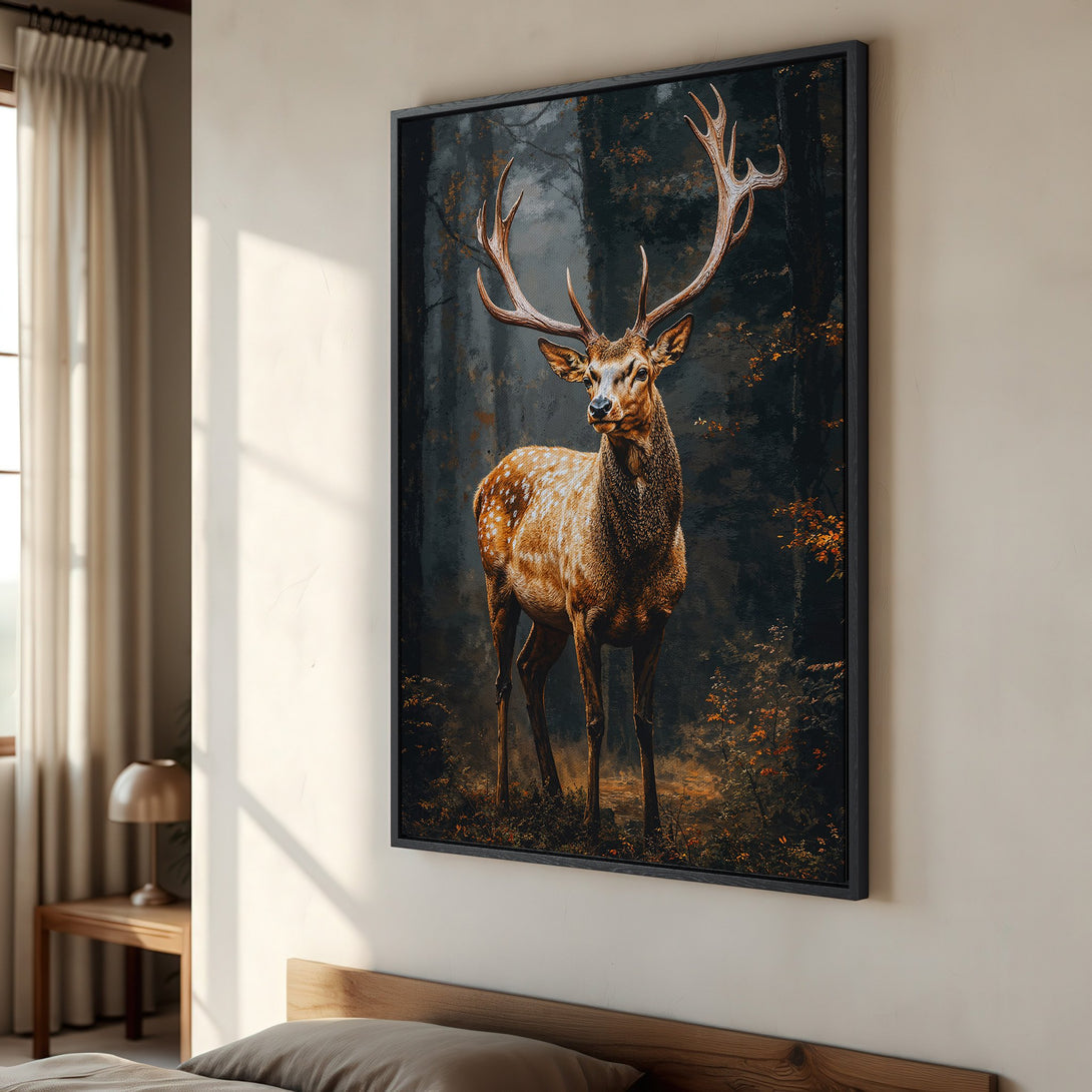 Framed Wall Art featuring a majestic deer in a dark forest, with warm gold and brown tones. Perfect for adding a touch of nature to your home decor.