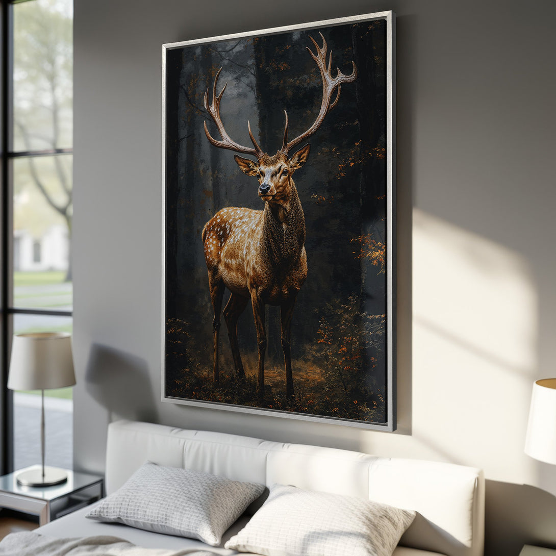 Framed Wall Art featuring a majestic deer in a forest. Rustic style with warm brown and gold tones. Perfect for adding a touch of nature to your space.