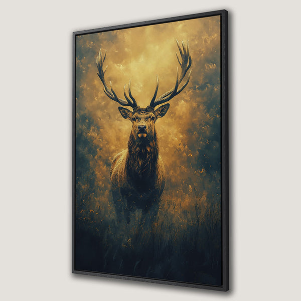 Framed Wall Art featuring a majestic stag in a painterly style with a warm, golden and dark blue color palette. Perfect for adding a touch of nature to your home.