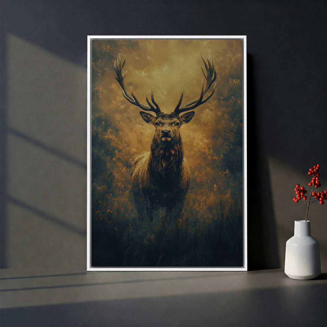 Framed Wall Art featuring a majestic stag in a painterly style, with warm gold and brown tones. Perfect for rustic home decor.