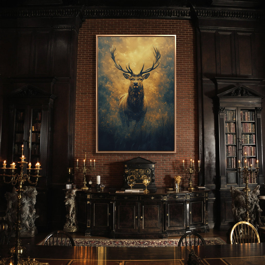 Framed Wall Art featuring a majestic deer in a dramatic, painterly style. Earthy tones of gold, brown, and blue create a sophisticated interior accent.