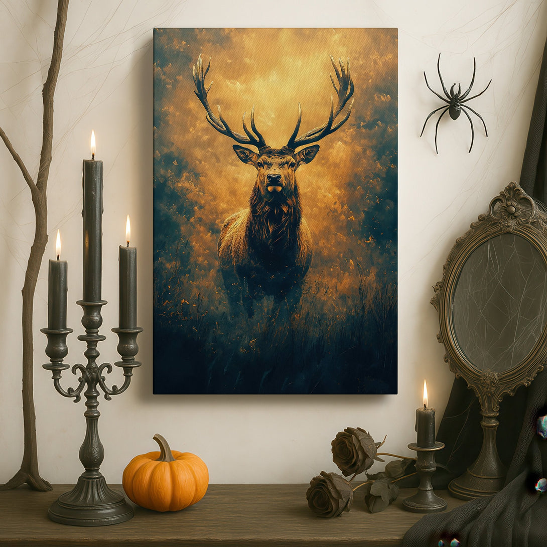 Framed Wall Art: Majestic stag canvas print in a luxurious, dark-toned room. Warm gold, brown, and blue color palette. Elevate your decor with this stunning piece.