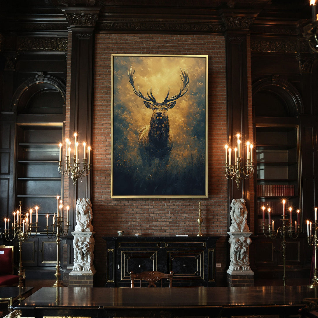 Canvas Print of a majestic stag in golden hues. Rustic, moody wall art. Perfect for a unique, stylish home decor.