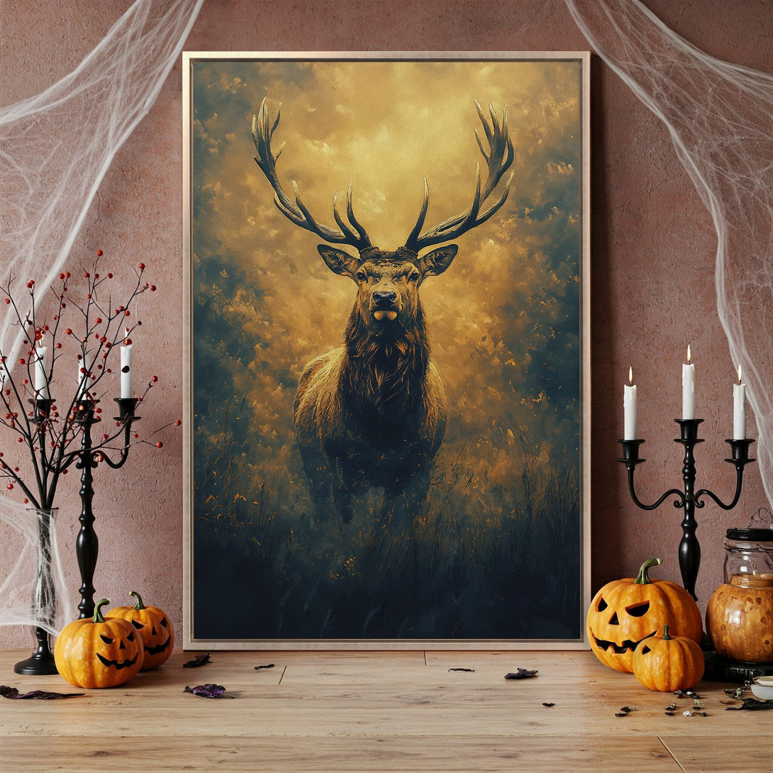 Framed Wall Art featuring a majestic stag in an atmospheric, painterly style with warm gold and deep blue tones. Perfect for fall decor!