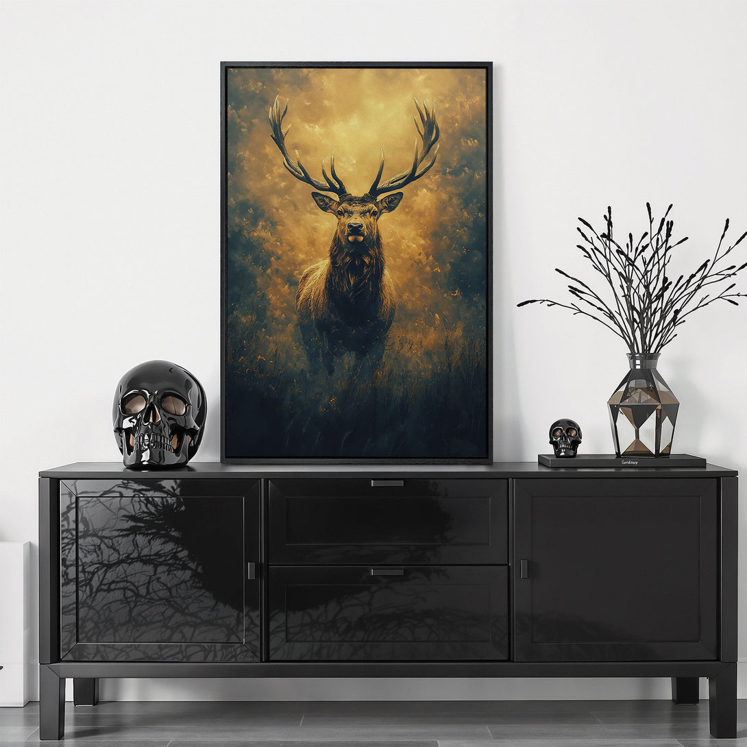 Framed Wall Art featuring a majestic stag in a dramatic, painterly style with a warm, golden and dark blue color palette. Elevate your space with this stunning canvas print.