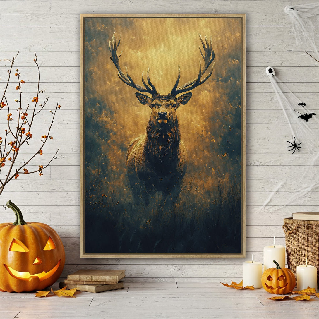 Framed Wall Art featuring a majestic stag in a warm, golden color palette. Rustic, artistic style perfect for autumn decor. Add a touch of nature to your space!