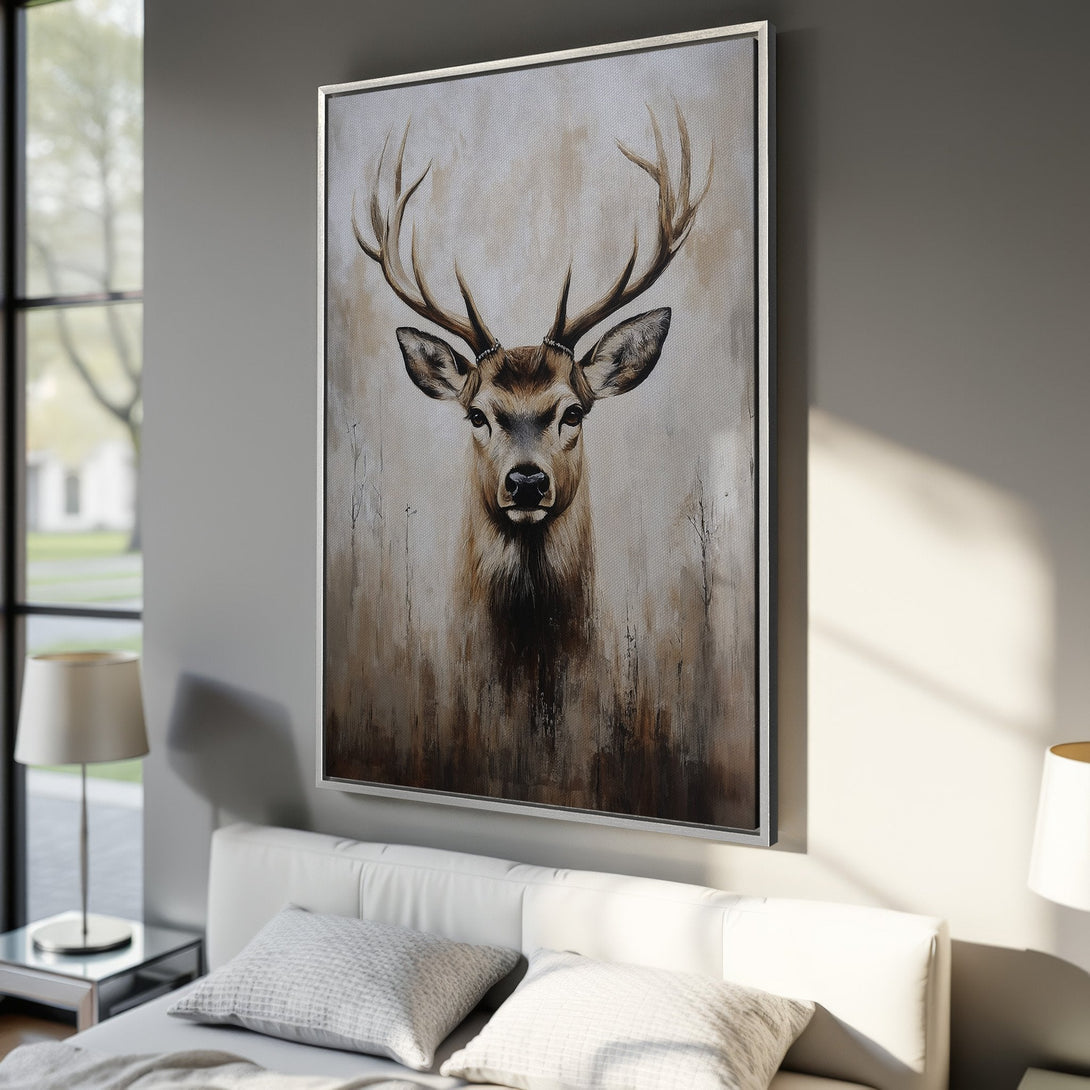 Framed Wall Art: Majestic deer portrait in neutral tones. Add a touch of nature's beauty to your space with this stunning canvas print.