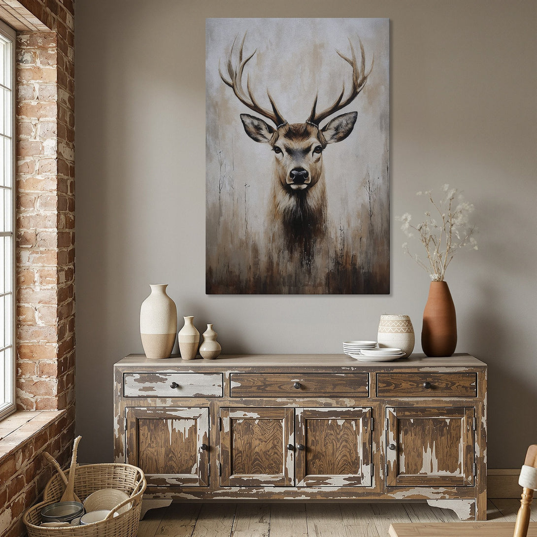 Framed Wall Art: Majestic deer portrait in neutral tones. Rustic style Canvas Print adds warmth to any dining room. Shop now for home decor!