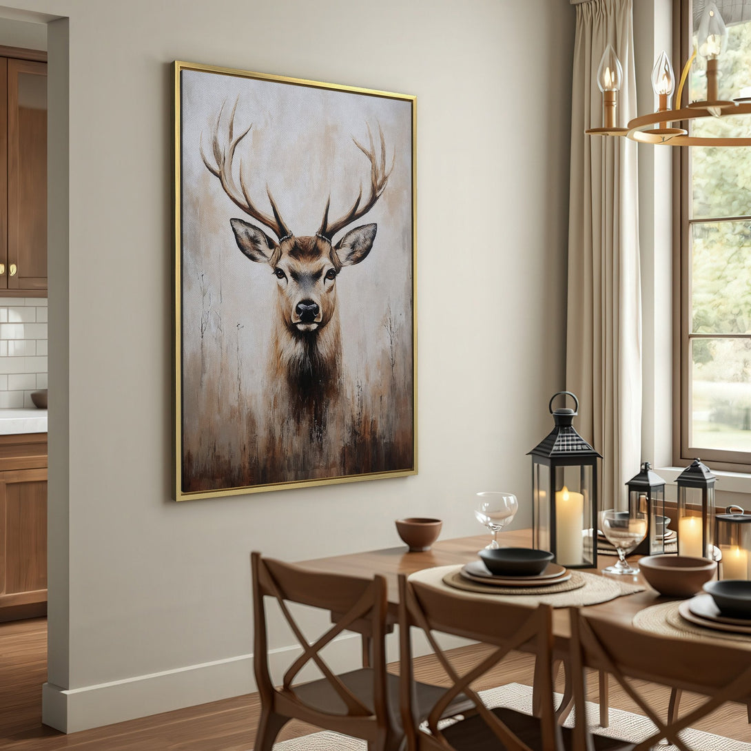 Canvas Print featuring a majestic deer in a neutral, earthy color palette. Rustic style wall art perfect for adding warmth to your home decor.