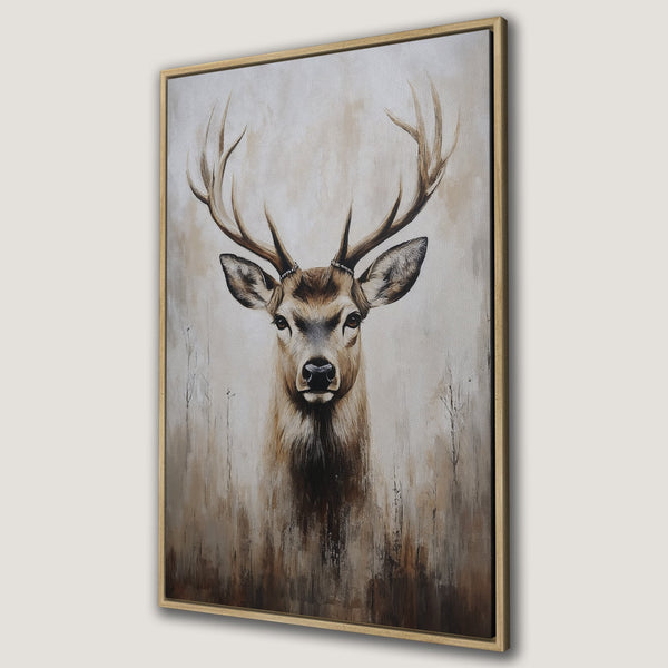 Framed Wall Art of a majestic deer in a neutral color palette. Rustic style Canvas Print perfect for adding a touch of nature to your home decor.