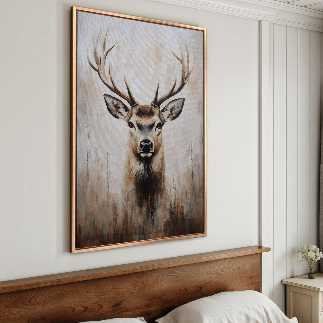 Framed Wall Art: Majestic deer portrait in neutral tones. Rustic canvas print perfect for adding a touch of nature to your home decor.