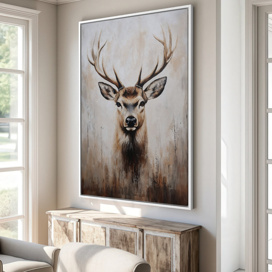 Framed Wall Art: Majestic deer portrait in warm, earthy tones. Rustic style canvas print adds a touch of nature and elegance to any space.