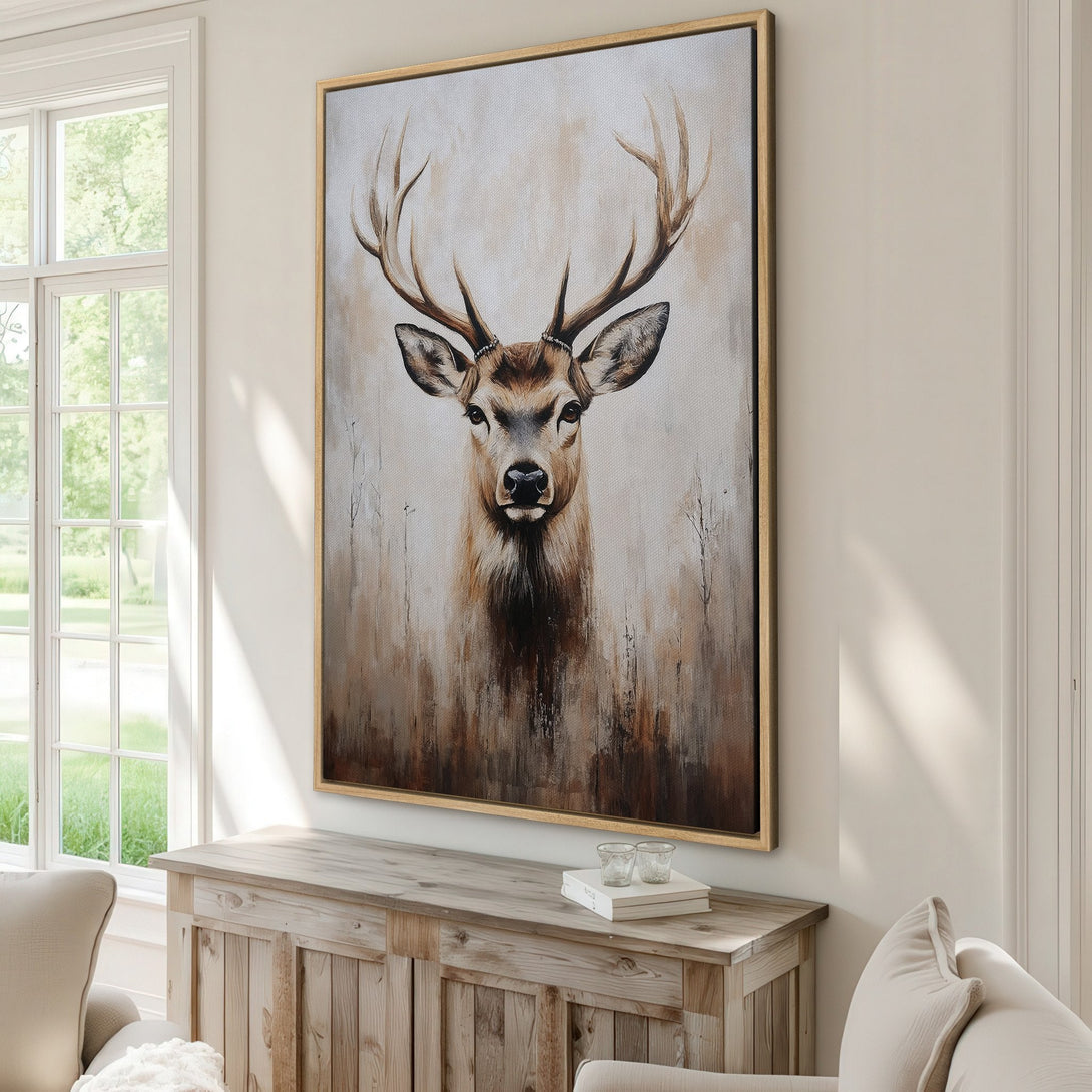 Framed Wall Art: Majestic deer portrait canvas print in neutral tones. Rustic style art with a warm, earthy color palette. Perfect for adding a touch of nature to your home.