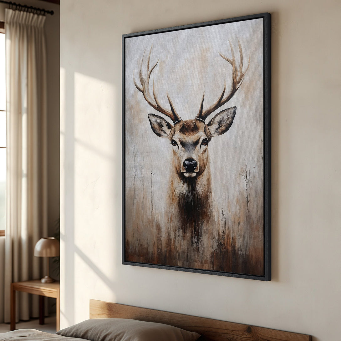 Framed Wall Art: Majestic deer portrait in a warm, neutral color palette. Perfect for adding a touch of rustic elegance to your home decor. Shop now!