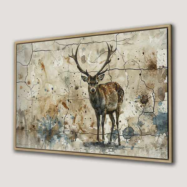 Framed Wall Art featuring a majestic deer in watercolor style, with a rustic beige, brown, and blue color palette. Add a touch of nature!