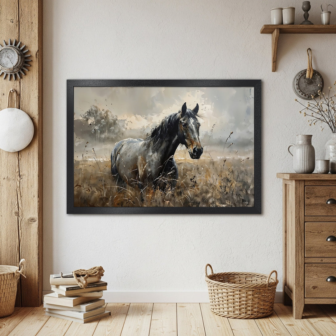 Framed Poster featuring a majestic horse in a watercolor style, neutral color palette. Perfect for rustic decor!