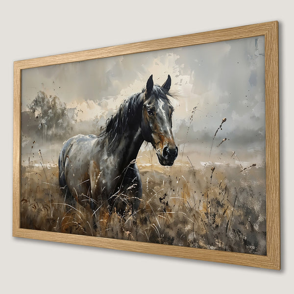Framed Poster featuring a majestic horse in an expressive, watercolor style. Earthy tones and neutral palette.