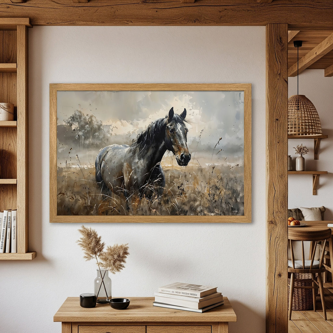 Framed Poster of a horse in a field. Rustic style, neutral color palette. Perfect wall art for your home!