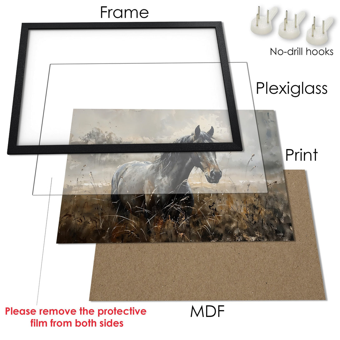 Framed Poster of a horse in a field, artistic style, neutral color palette. Ready to hang art.