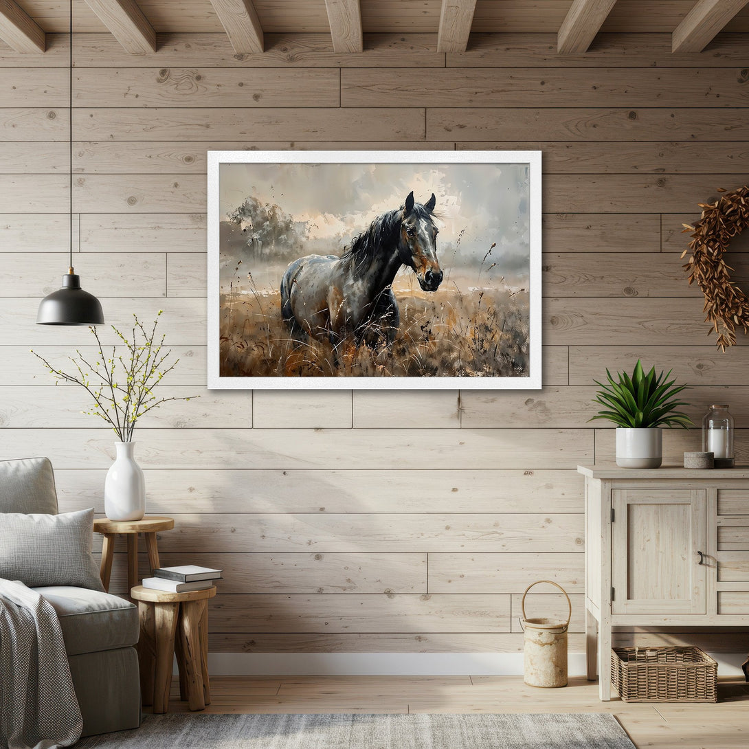 Framed Poster featuring a majestic horse in a watercolor style, with a neutral color palette, perfect for adding a touch of elegance to your home.