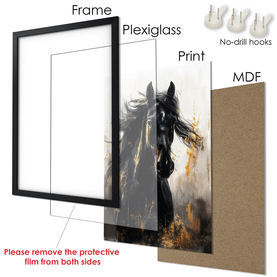 Framed Poster featuring a black horse in an abstract style with gold accents. Modern art print for home decor.