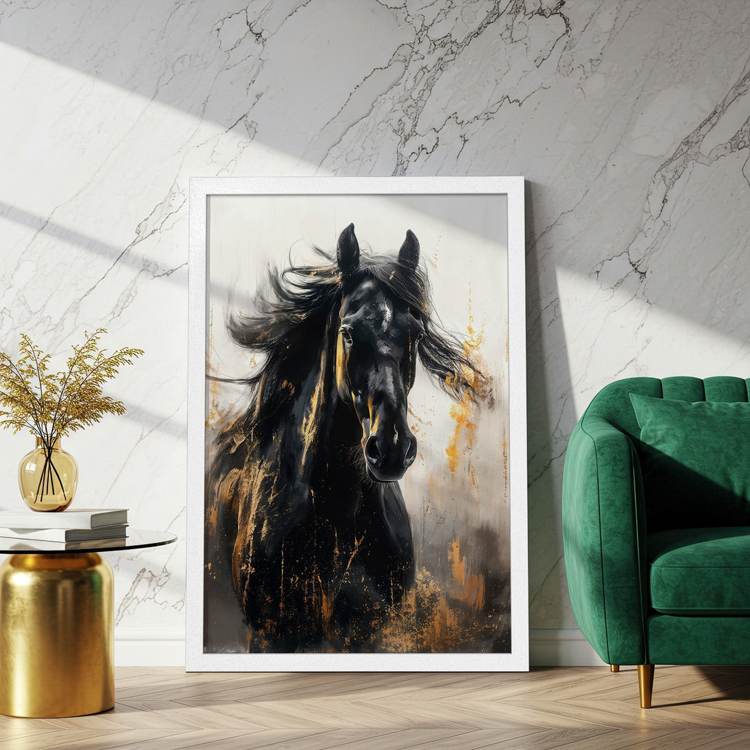 Framed Poster featuring a majestic black horse, artistic style with gold accents. Perfect wall art for any space.