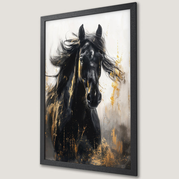 Framed Poster of a majestic black horse. Abstract style with gold accents on a neutral background. Perfect wall art for any space.