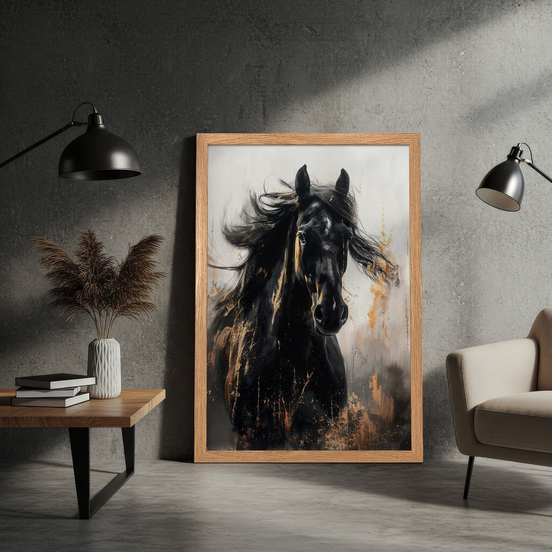 Framed Poster of a black horse in an expressive, painterly style with a neutral, gold, and black color palette. Perfect wall art!