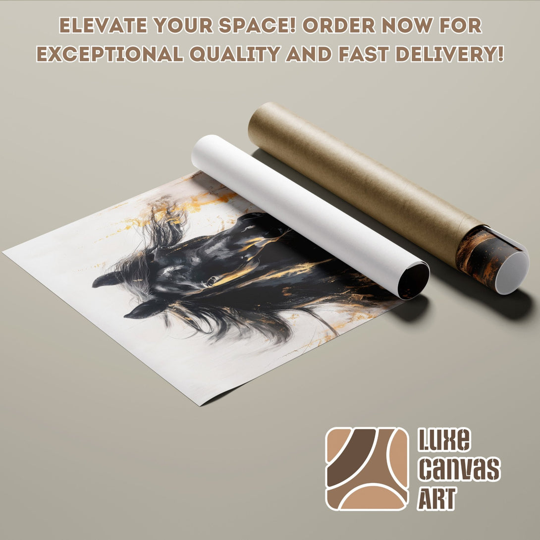 Poster Roll featuring a black horse art print with gold accents, elegant style, and a neutral color palette. Order now!