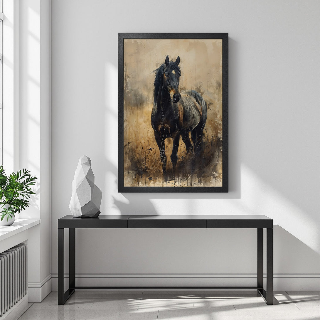 Framed Poster featuring a majestic black horse. Watercolor style art with a warm, earthy color palette. Perfect for home decor.