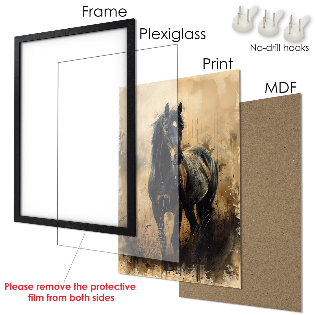 Framed Poster featuring a majestic horse in a watercolor style with a neutral, earthy color palette. Perfect wall art for any space!