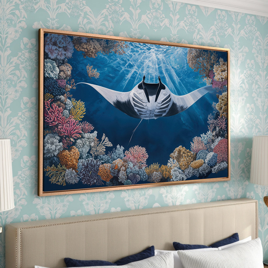 Framed Wall Art: Stunning underwater scene with a manta ray, vibrant coral reef, and deep blue hues. Coastal decor for a tranquil bedroom.