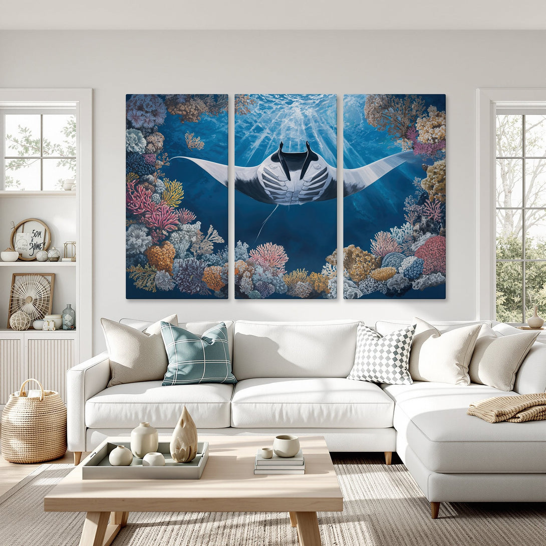 Canvas Print: Majestic manta ray art in blue, coral, and white. Coastal-inspired decor for a serene living room. Bring the ocean home!