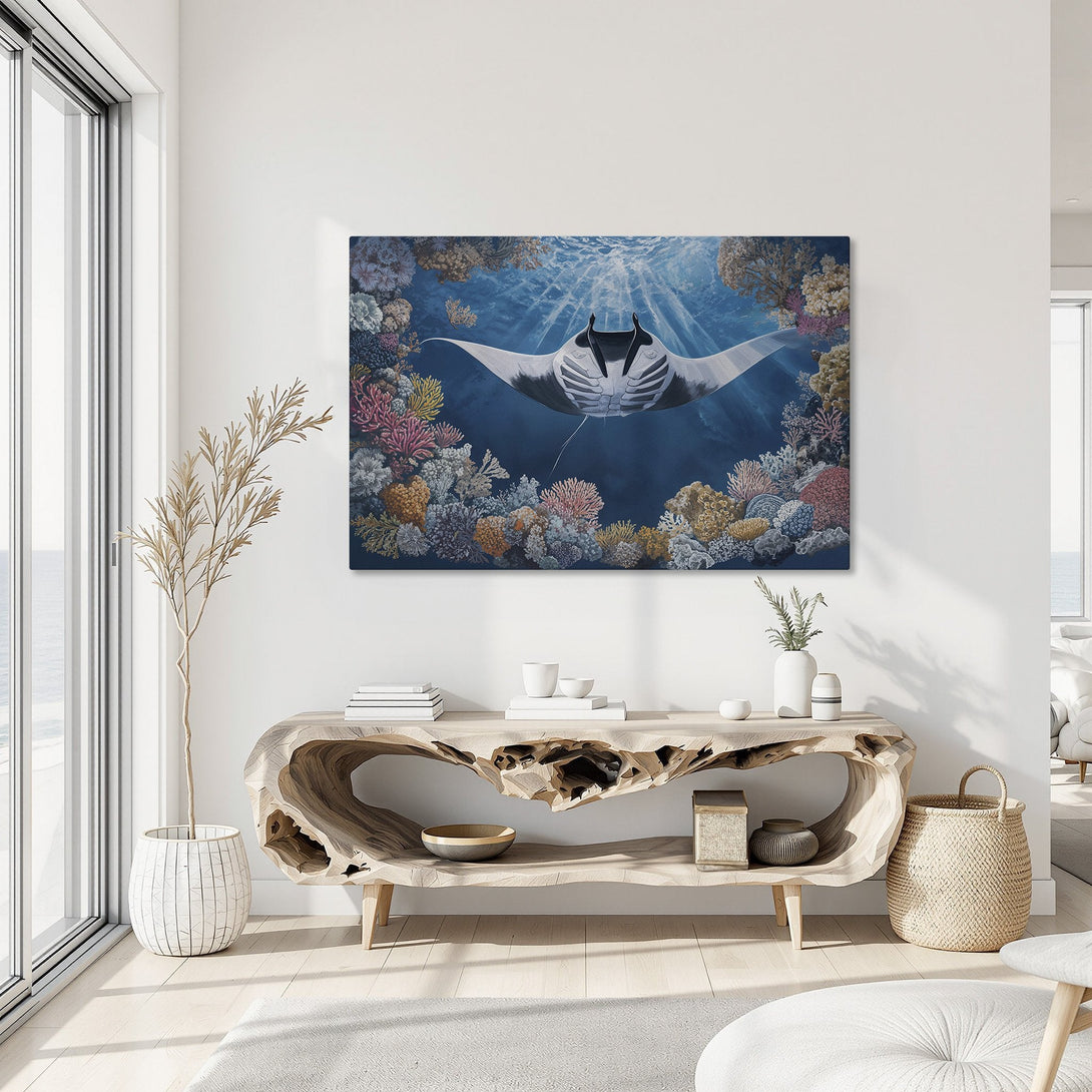 Framed Wall Art: Stunning manta ray canvas print in a modern interior. Features a vibrant blue, coral, and white color palette. Elevate your space with ocean art!