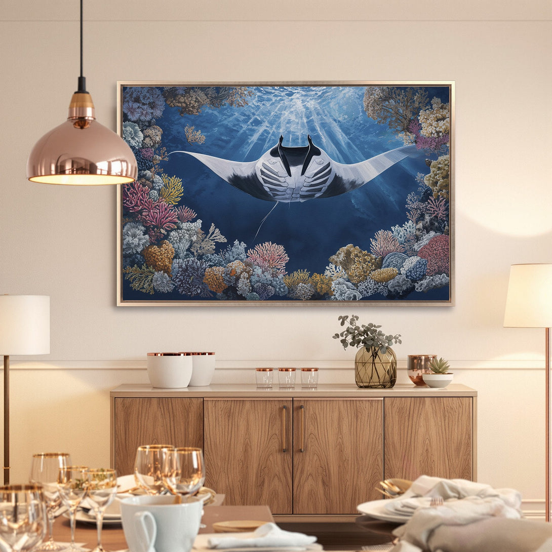 Framed Wall Art: Manta ray Canvas Print in blue and coral tones. Coastal art for a serene home. Shop now!