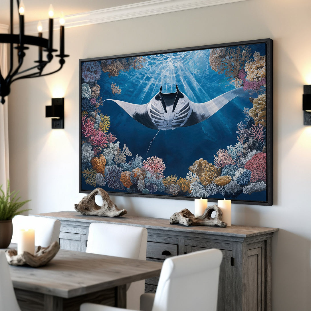 Framed Wall Art: Stunning manta ray canvas print in a vibrant blue, coral, and white palette. Perfect ocean-themed decor for your home!