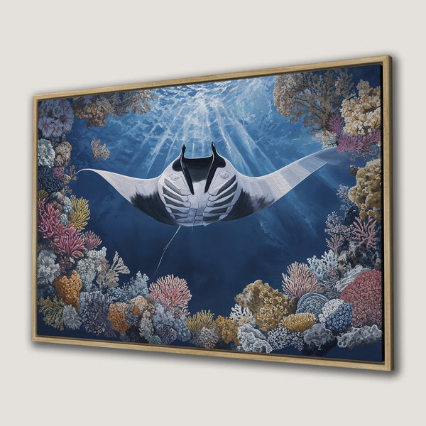 Canvas Print of a majestic manta ray swimming amongst coral reefs. Beautiful blue, white, and colorful palette. Perfect Framed Wall Art for any space.