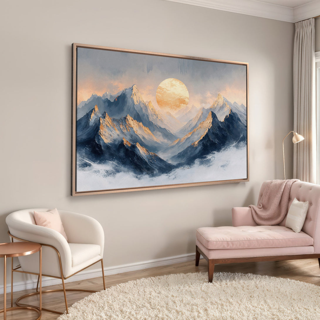 Framed Wall Art: Mountain landscape canvas print in a modern interior. Blue, gold, and gray color palette. Elevate your space with stunning wall decor.