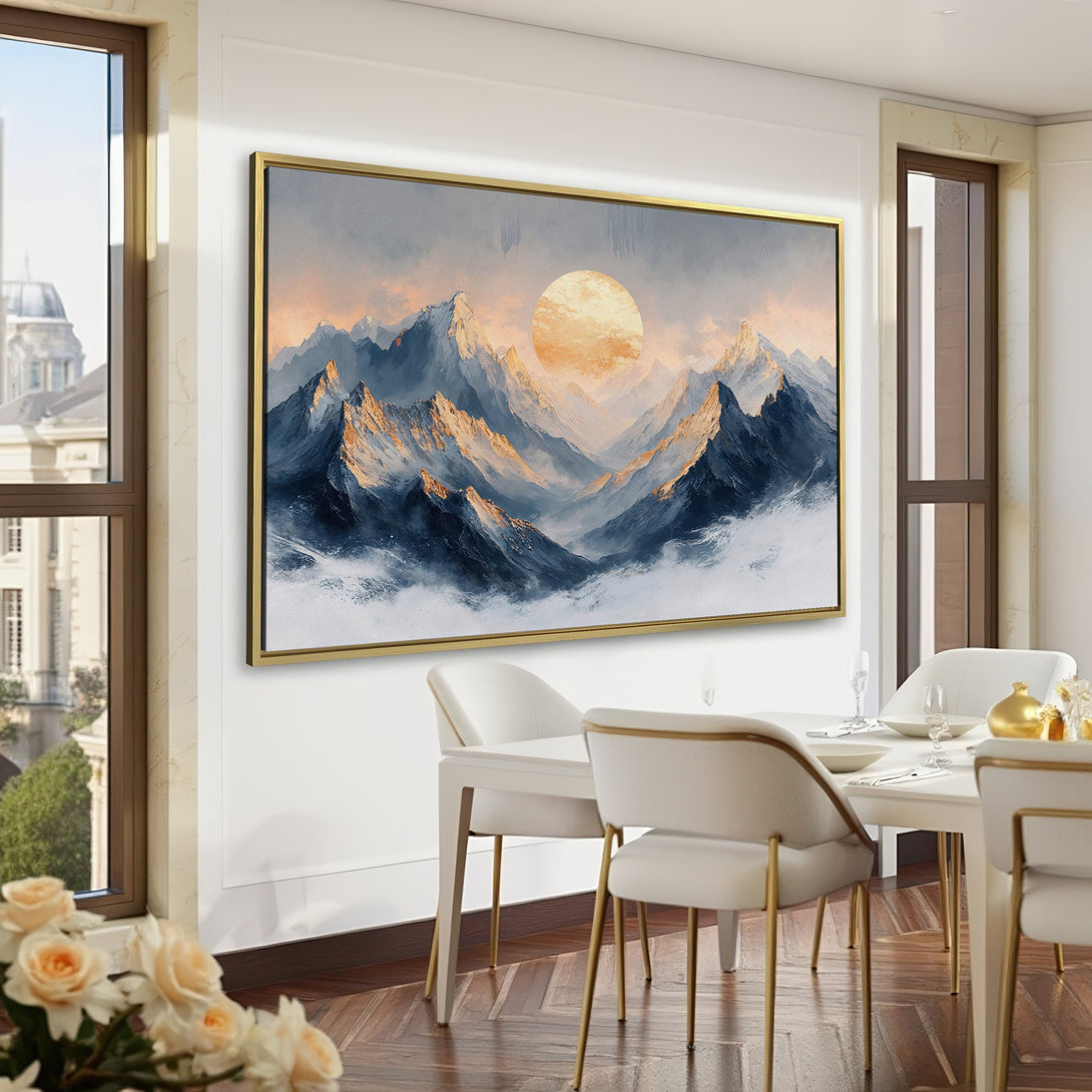 Canvas Print of a mountain landscape in a modern style, featuring a sunset color palette. Perfect for home decor and interior design.