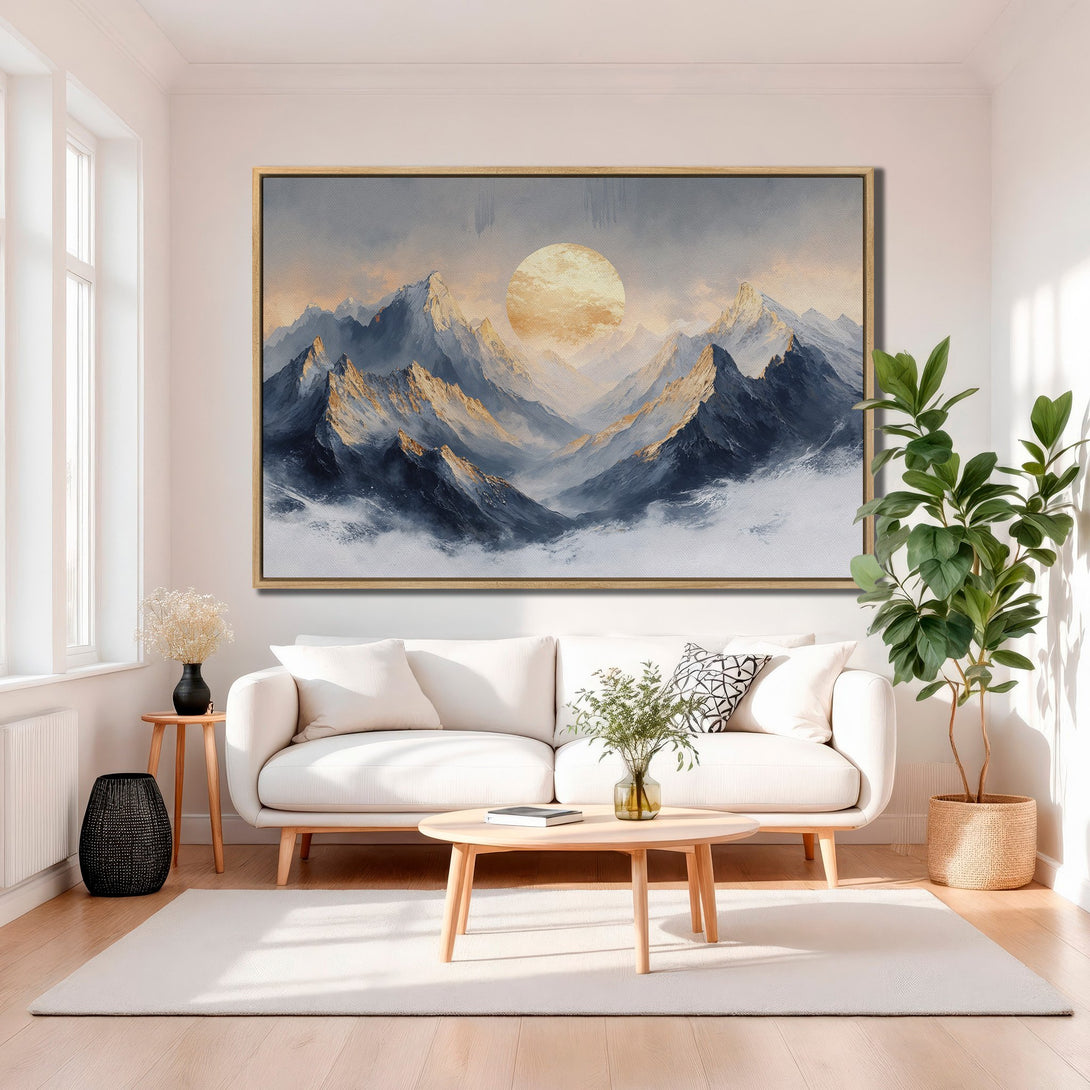 Framed Wall Art: Stunning mountain landscape Canvas Print with a warm, neutral color palette. Perfect for creating a serene and stylish living room. Shop now!